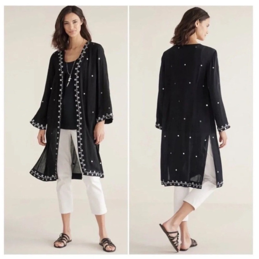 Soft Surroundings Rafina Gauze Longline Open Beaded Embroidered Cardigan Boho PL